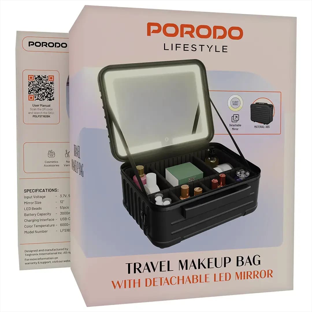 کیف لوازم آرایشی ال ای دی دار پرودو مدل Porodo Lifestyle Travel Makeup Bag with Detachable LED Mirror — تصویر ۴