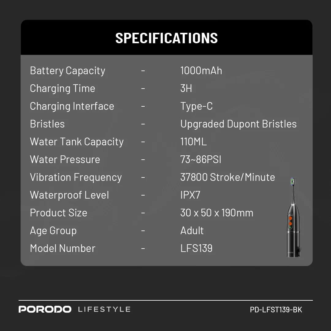 مسواک برقی و واترجت دندان پرودو مدل Porodo Lifestyle Water Floss & Sonic Electric Toothbrush 15W — تصویر ۷