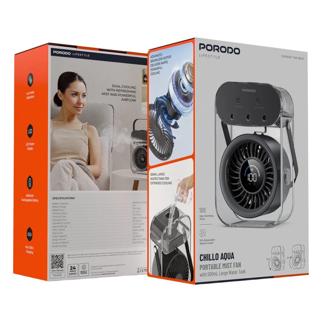 پنکه رومیزی مه‌پاش پرودو مدل Porodo Lifestyle Chillo Aqua PDLFSTZH26BK — تصویر ۸
