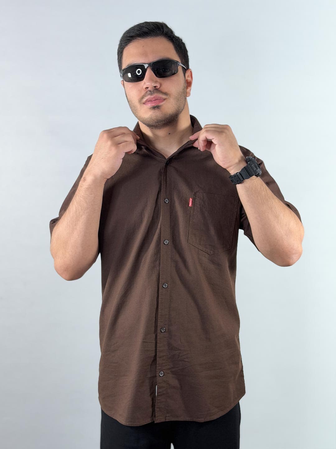 پیراهن لینن آستین کوتاه رنگ شکلاتی 1240364-7