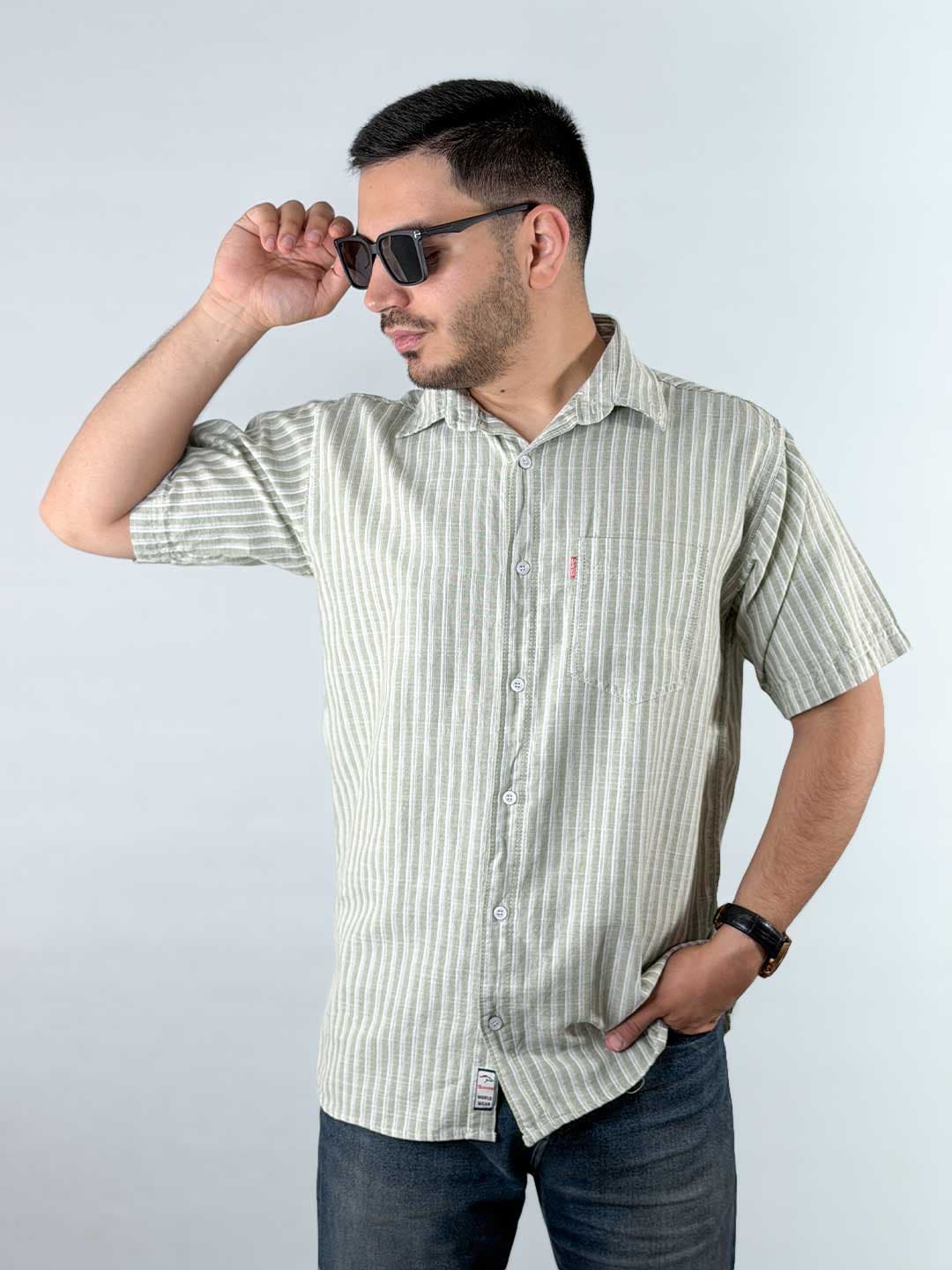پیراهن نخی راه راه آستین کوتاه رنگ سبز 1240358-2 — تصویر ۵