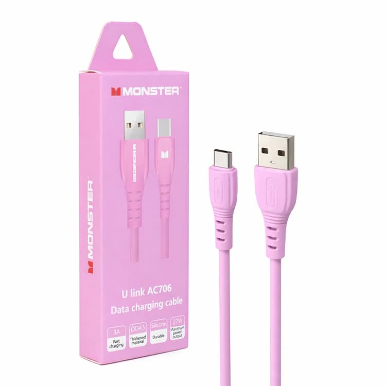 کابل دیتا و شارژ Type-C اورجینال MONSTER 706 صورتی