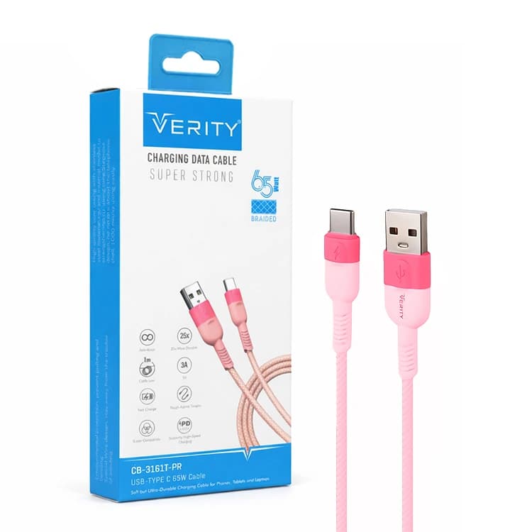 کابل دیتا و شارژ Type-C VERITY مدل 3161 صورتی