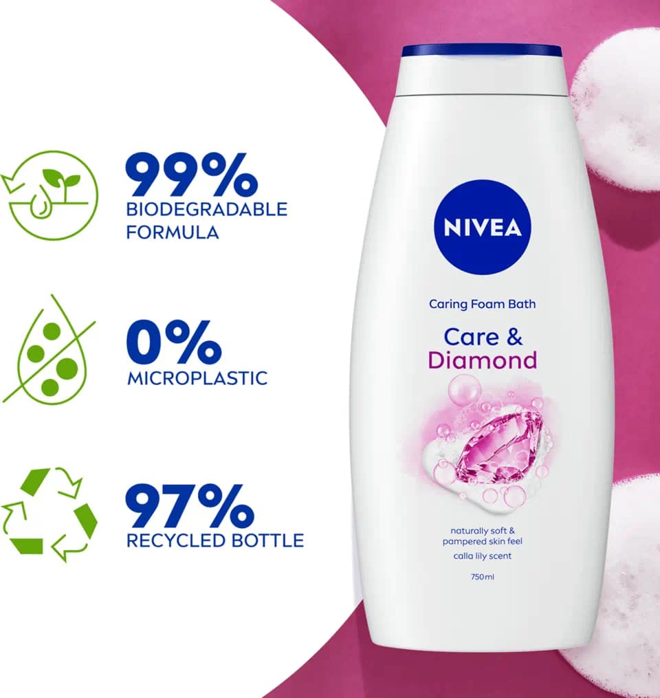 فوم حمام مراقبت و الماس نیوا رایحه گل زنبق 750 میل | Nivea caring foam bath care & diamond — تصویر ۳