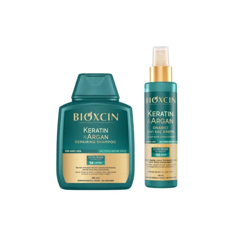 پک دوتایی شامپو + اسپری نرم کننده مو کراتین آرگان بیوکسین Bioxcin — تصویر ۴