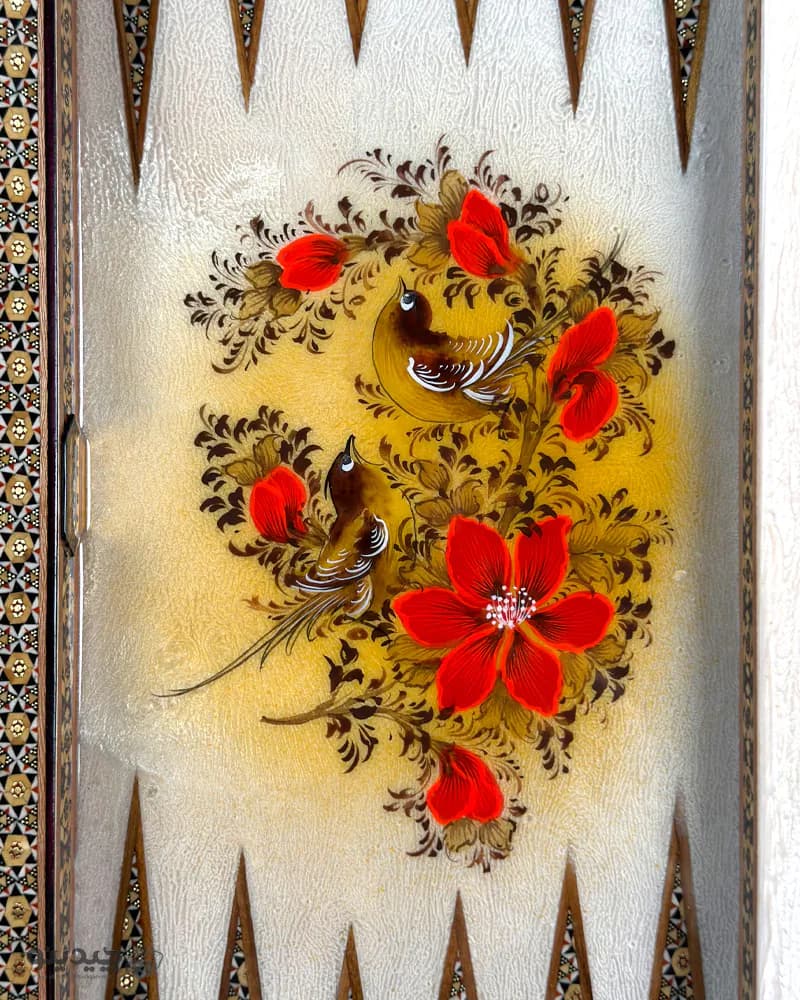 تخته نرد خاتم کاری نقاشی گل و مرغ طرح دیوان شمس کد 10429 — تصویر ۵