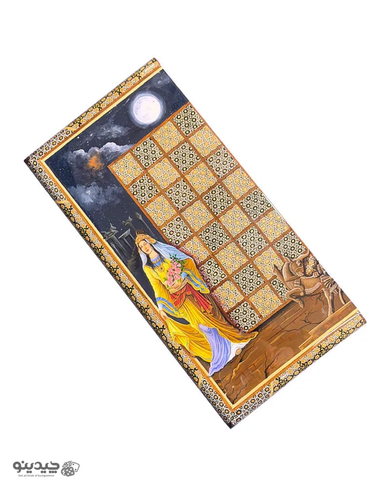 تخته نرد خاتم کاری نقاشی کوروش و کاساندان طرح عشق پارسی کد 10376 — تصویر ۳