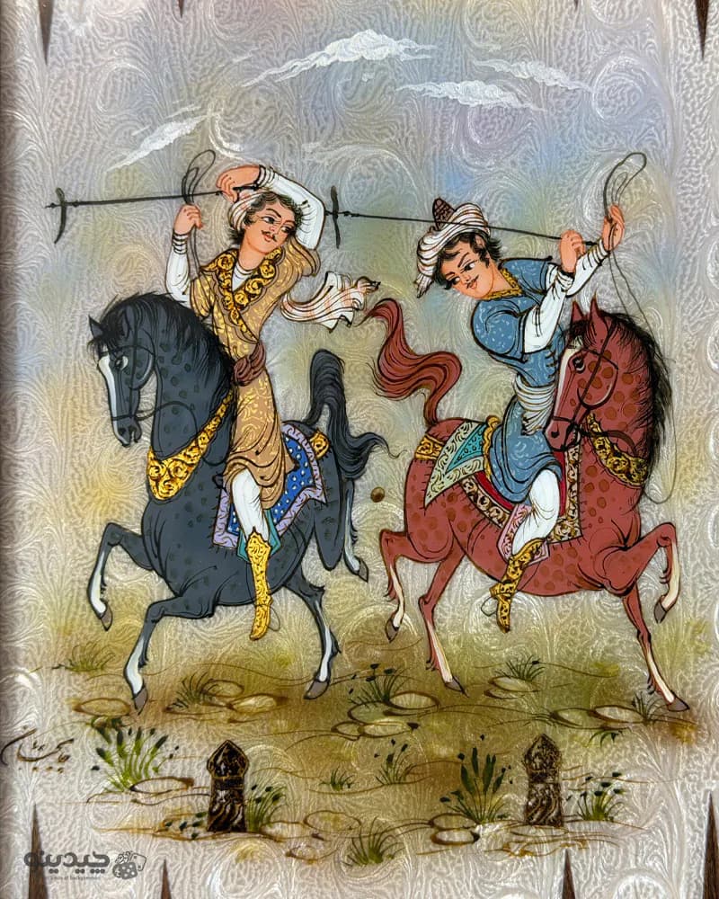 تخته نرد خاتم کاری نقاشی بزم و چوگان طرح ضیافت کد 10368 — تصویر ۵