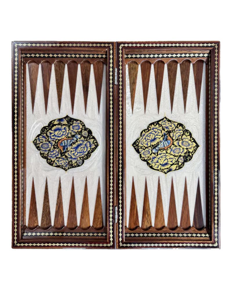 تخته نرد خاتم کاری نقاشی گل و مرغ و تشعیر کد 10242 — تصویر ۱۱