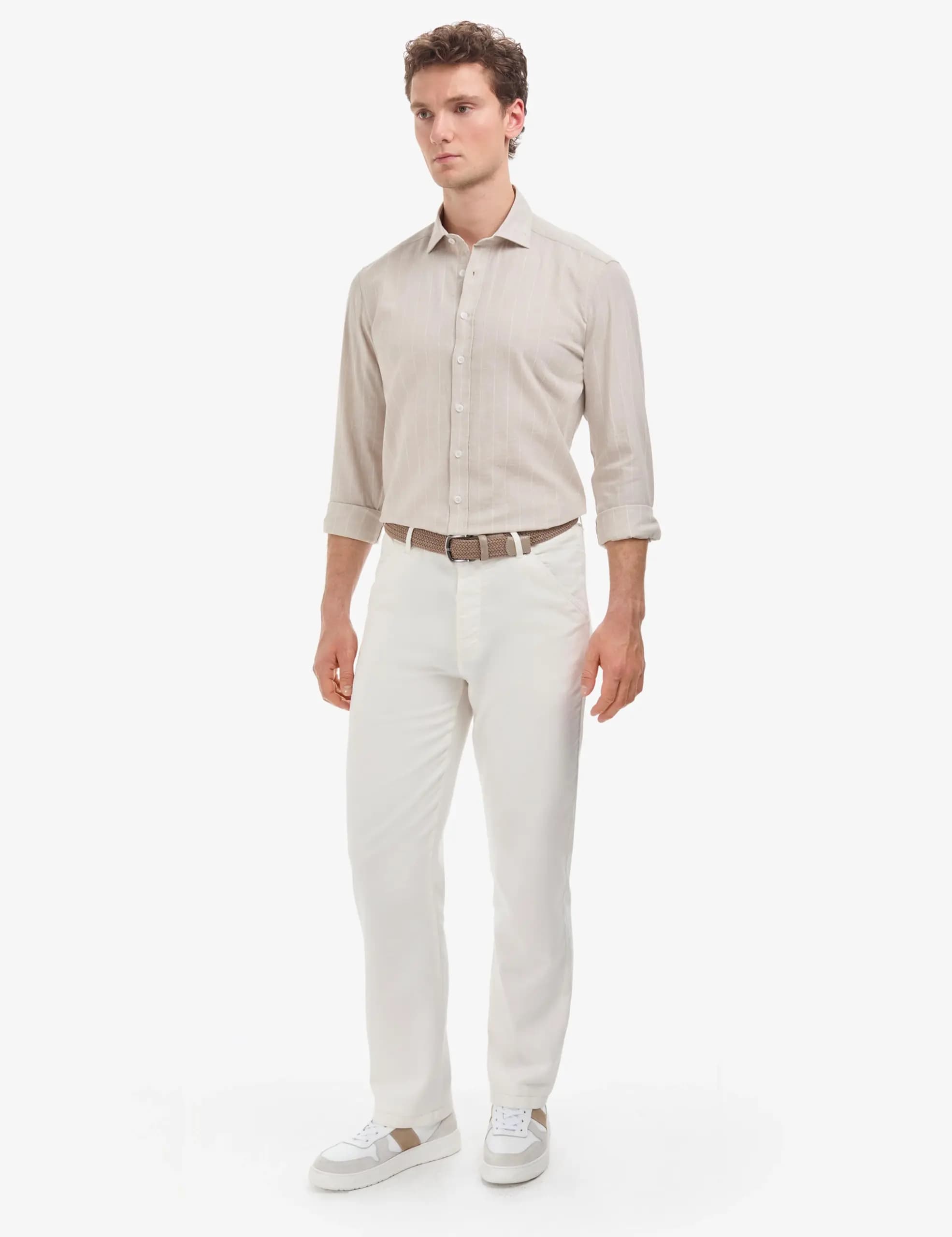 پیراهن آستین بلند مردانه پیرکاردین رنگ بژ طرح راه راه — تصویر ۴
