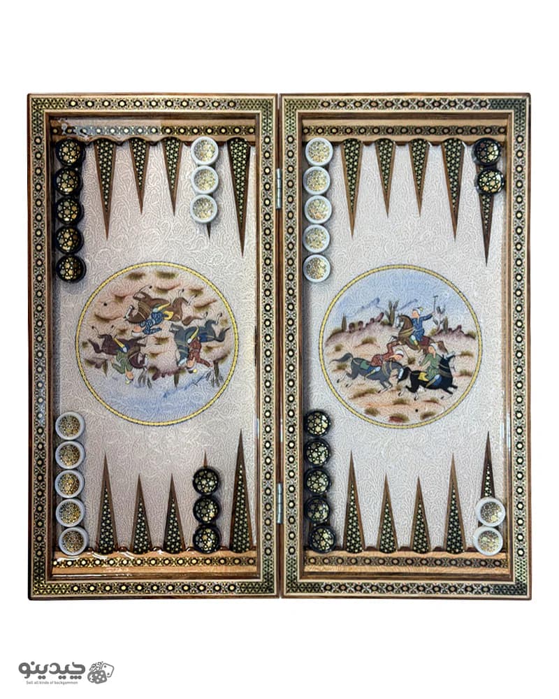 تخته نرد خاتم کاری نقاشی شکار و چوگان طرح کمان کد 10366 — تصویر ۸