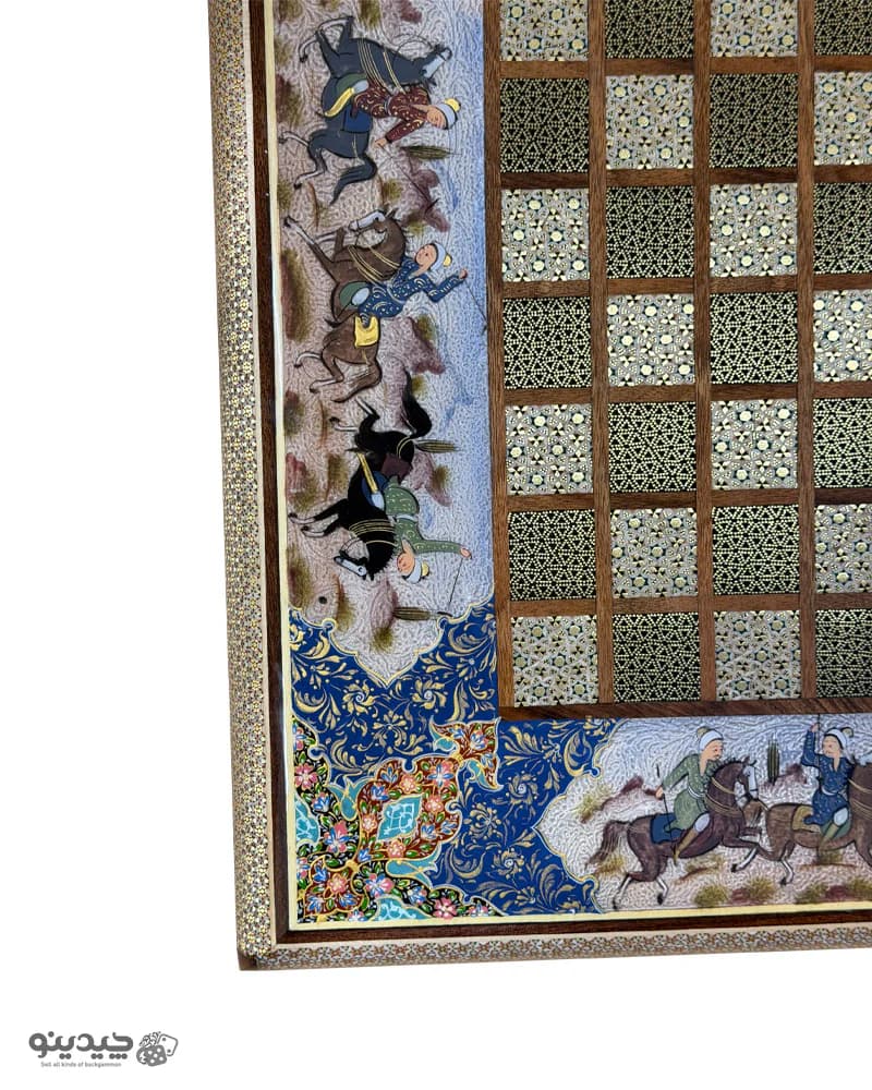 تخته نرد خاتم کاری نقاشی شکار و چوگان طرح کمان کد 10366 — تصویر ۵