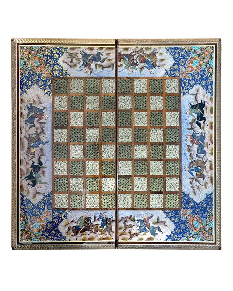 تخته نرد خاتم کاری نقاشی شکار و چوگان طرح کمان کد 10366 — تصویر ۲