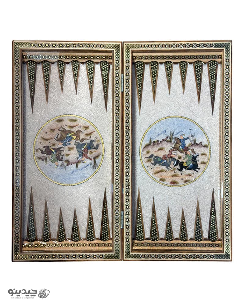 تخته نرد خاتم کاری نقاشی شکار و چوگان طرح کمان کد 10366 — تصویر ۴