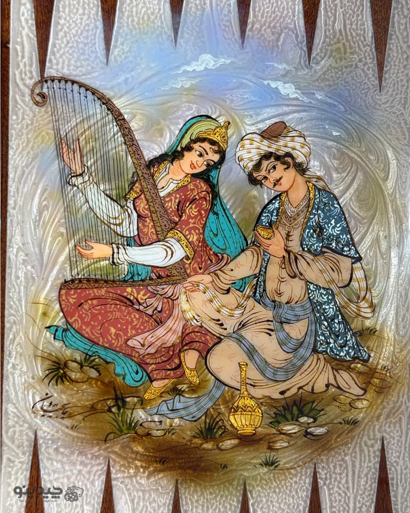 تخته نرد خاتم کاری نقاشی بزم و چوگان طرح شور زندگی کد 10365 — تصویر ۵