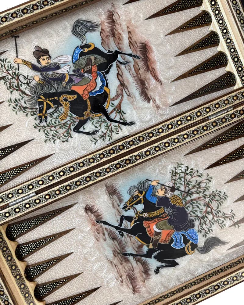 تخته نرد خاتم کاری با نقاشی چوگان و ابنیه کد 10216 — تصویر ۱۱