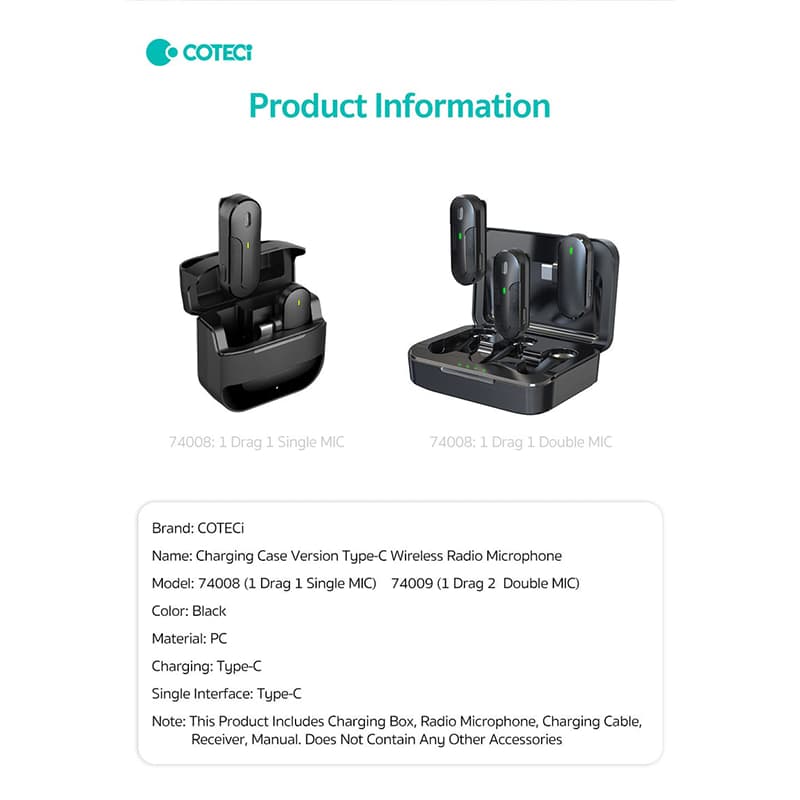 میکروفون بیسیم 2کاربره COTECI مدل 74009 پورت تایپ سی — تصویر ۵