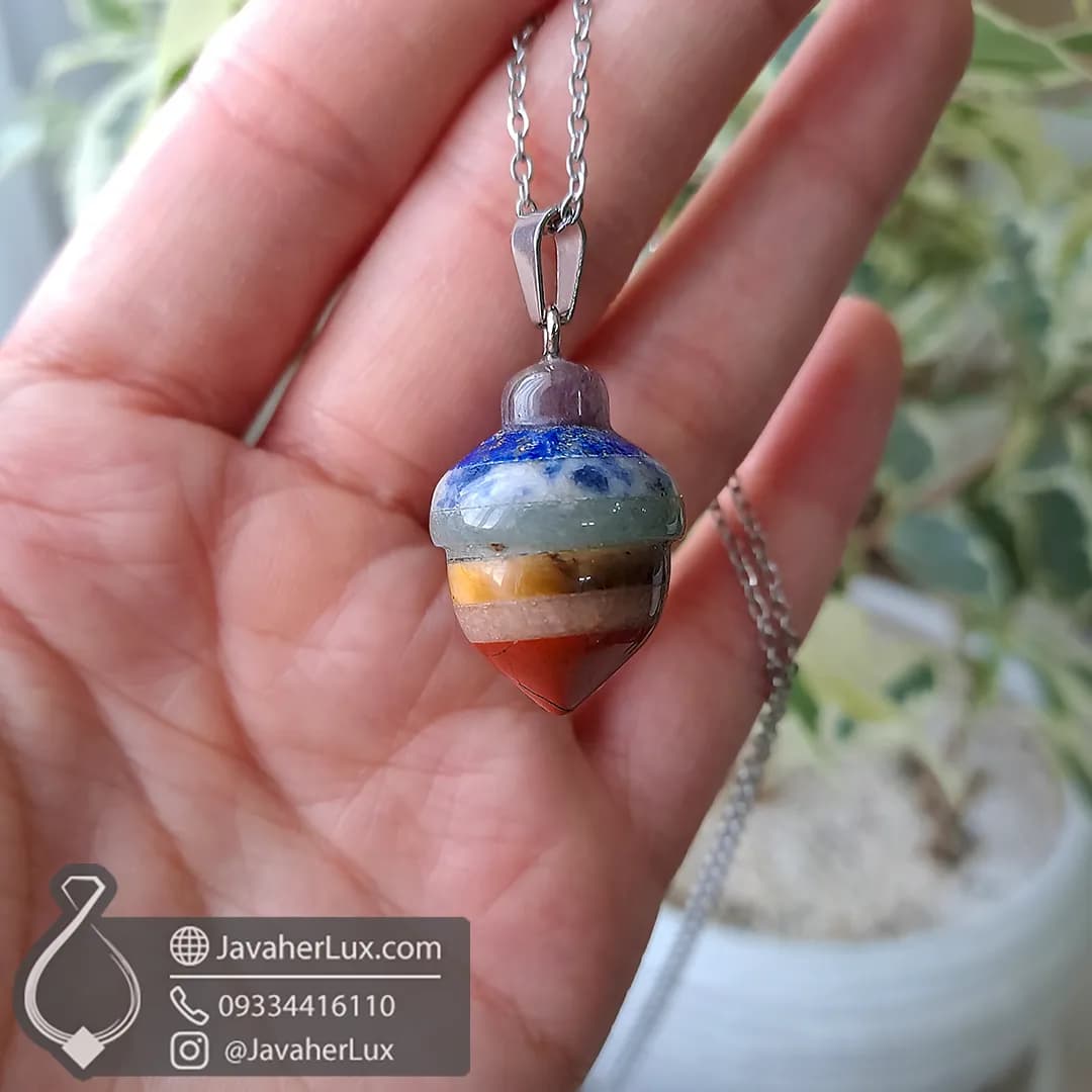 گردنبند سنگی هفت چاکرا مدل شاقول فندقی _ کد 401095 — تصویر ۱۰