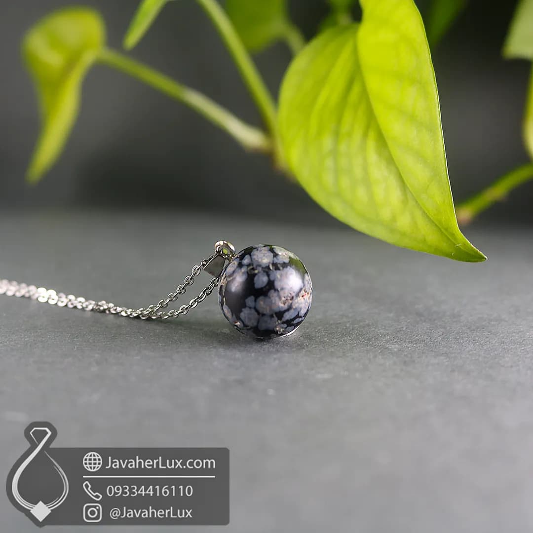 گردنبند سنگ ابسیدین برفی تراش کروی _ کد 401079 — تصویر ۹
