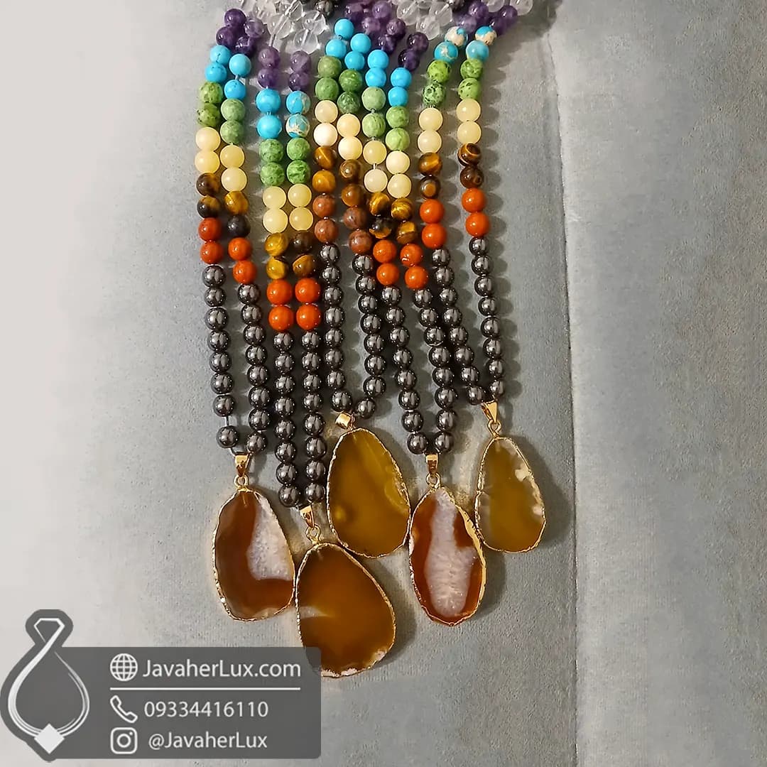 گردنبند هفت سنگ چاکرا + حدید با مدال آویز عقیق طبیعی جواهرلوکس _ کد 401076 — تصویر ۱۱