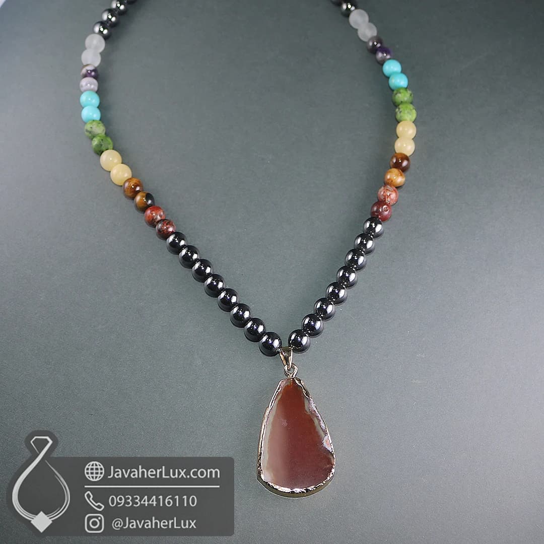 گردنبند هفت سنگ چاکرا + حدید با مدال آویز عقیق طبیعی جواهرلوکس _ کد 401076 — تصویر ۹