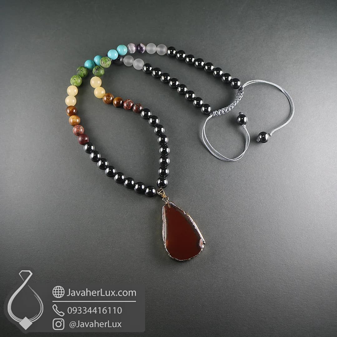گردنبند هفت سنگ چاکرا + حدید با مدال آویز عقیق طبیعی جواهرلوکس _ کد 401076 — تصویر ۱۲