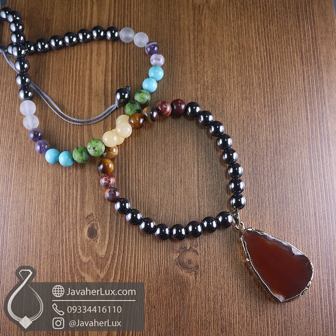 گردنبند هفت سنگ چاکرا + حدید با مدال آویز عقیق طبیعی جواهرلوکس _ کد 401076 — تصویر ۱۰