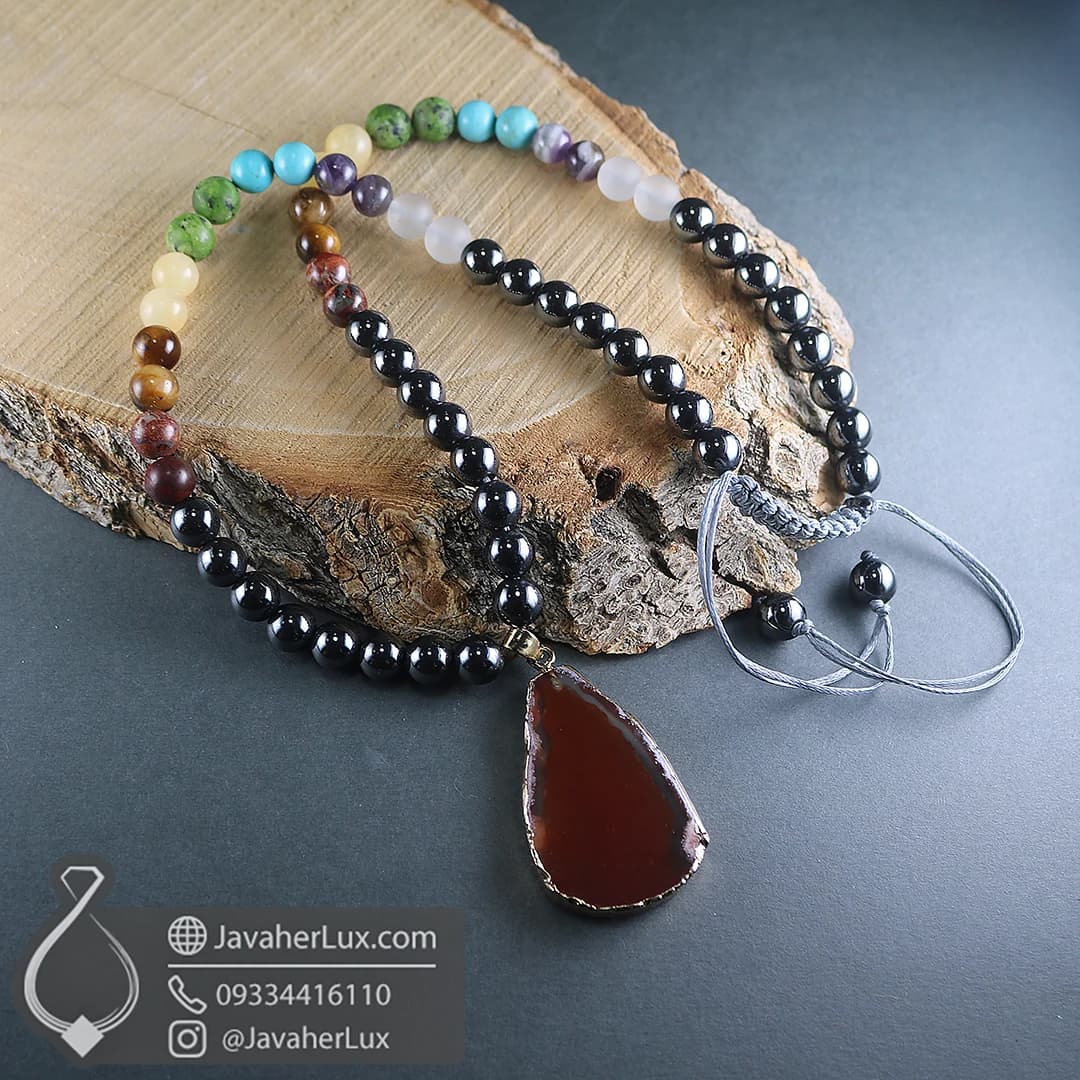 گردنبند هفت سنگ چاکرا + حدید با مدال آویز عقیق طبیعی جواهرلوکس _ کد 401076 — تصویر ۷