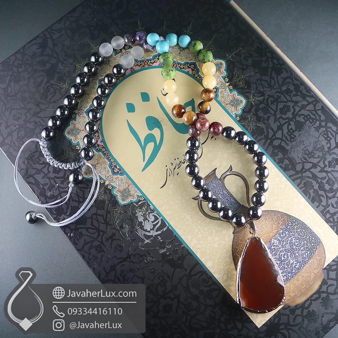 گردنبند هفت سنگ چاکرا + حدید با مدال آویز عقیق طبیعی جواهرلوکس _ کد 401076 — تصویر ۵