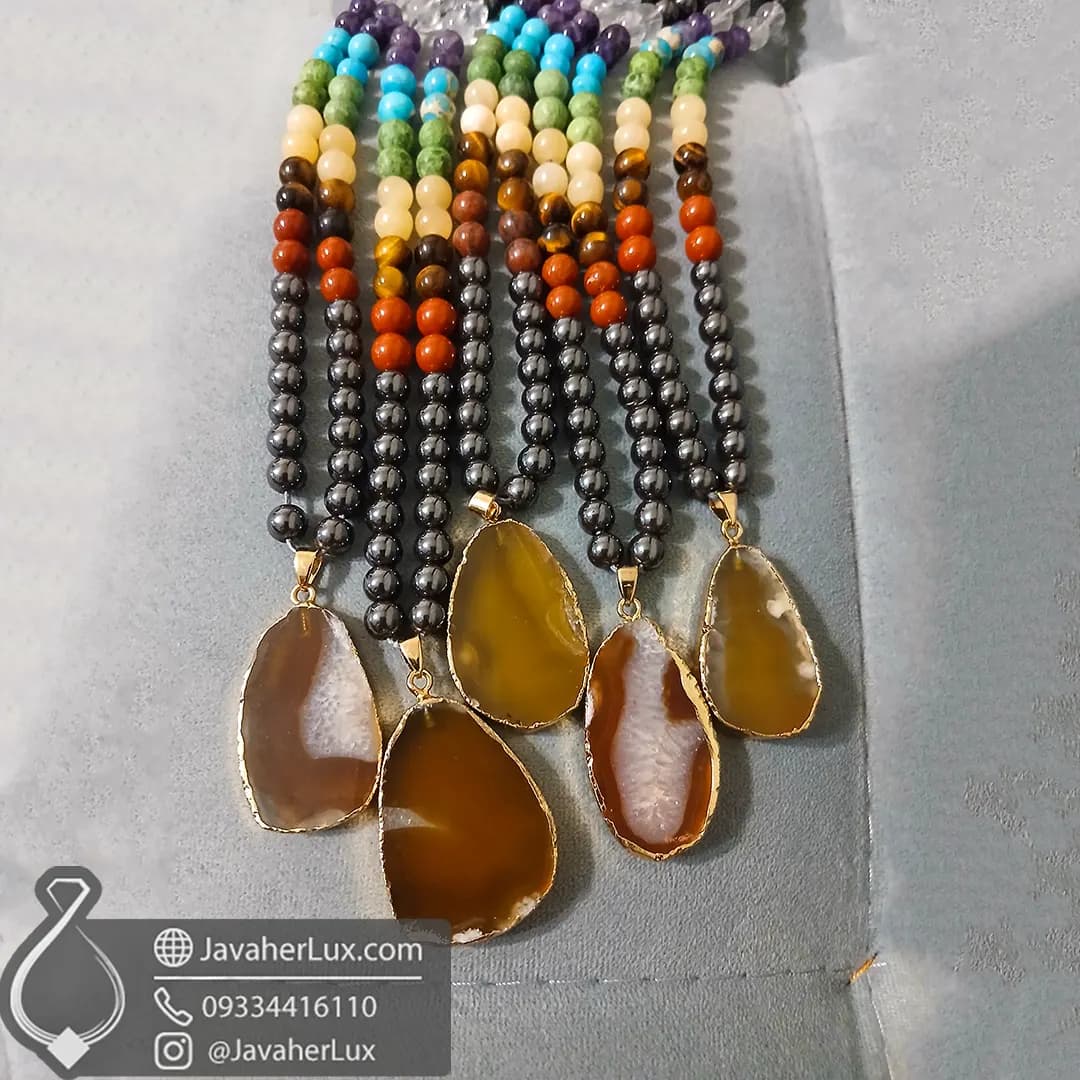 گردنبند هفت سنگ چاکرا + حدید با مدال آویز عقیق طبیعی جواهرلوکس _ کد 401076 — تصویر ۶