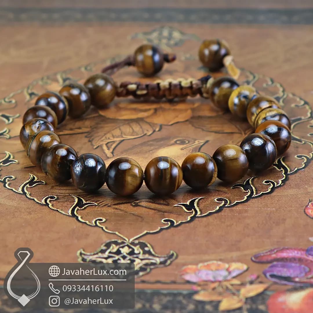 دستبند سنگی چشم ببر اصل بافت گره کشویی جواهرلوکس _ کد 401044 — تصویر ۵