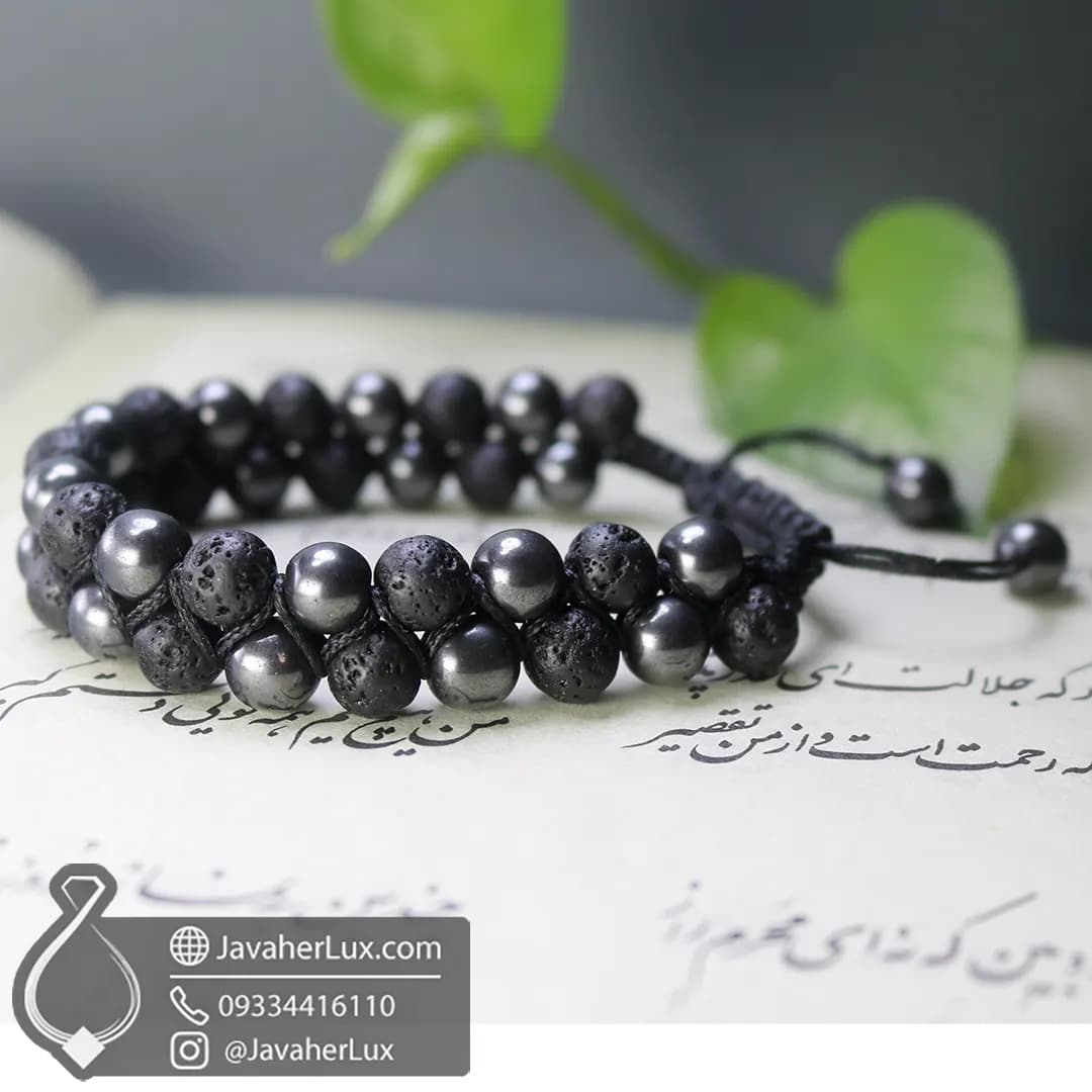 دستبند سنگ حدید و لاوا اصل دو رج بافت اسپرت مدل شاهزاده شب _ کد 401028 — تصویر ۶