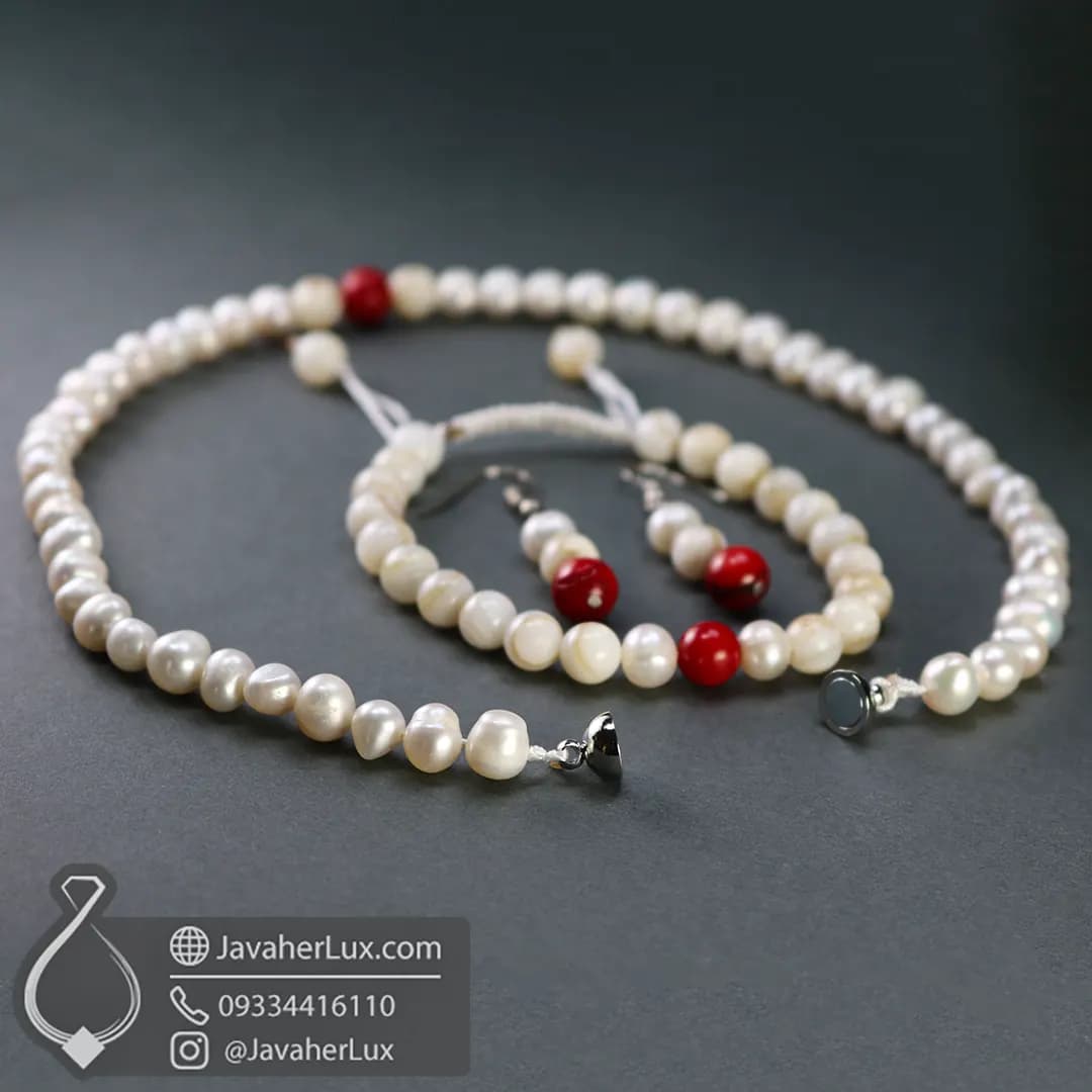 ست گردنبند، دستبند و گوشواره اقیانوسی با مروارید، صدف و مرجان قرمز اصل _ کد: 401025 — تصویر ۲