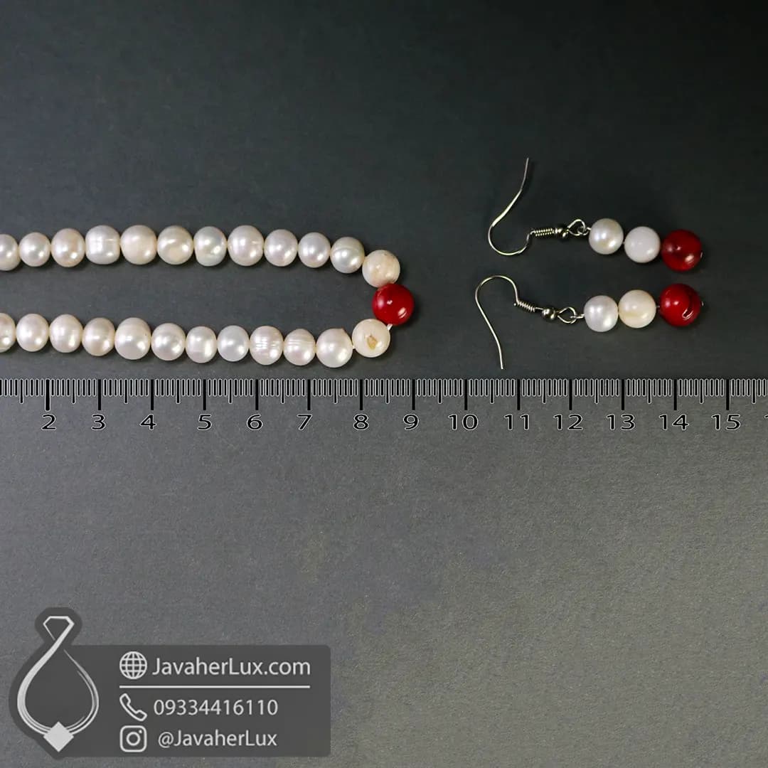 ست گردنبند، دستبند و گوشواره اقیانوسی با مروارید، صدف و مرجان قرمز اصل _ کد: 401025 — تصویر ۵