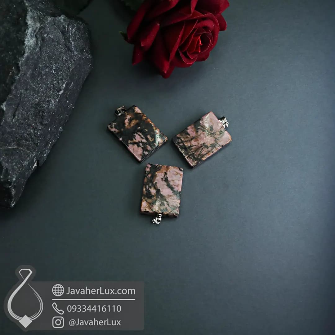 گردنبند سنگ رودونیت اصل و معدنی تراش مستطیل _ کد : 401017 — تصویر ۳