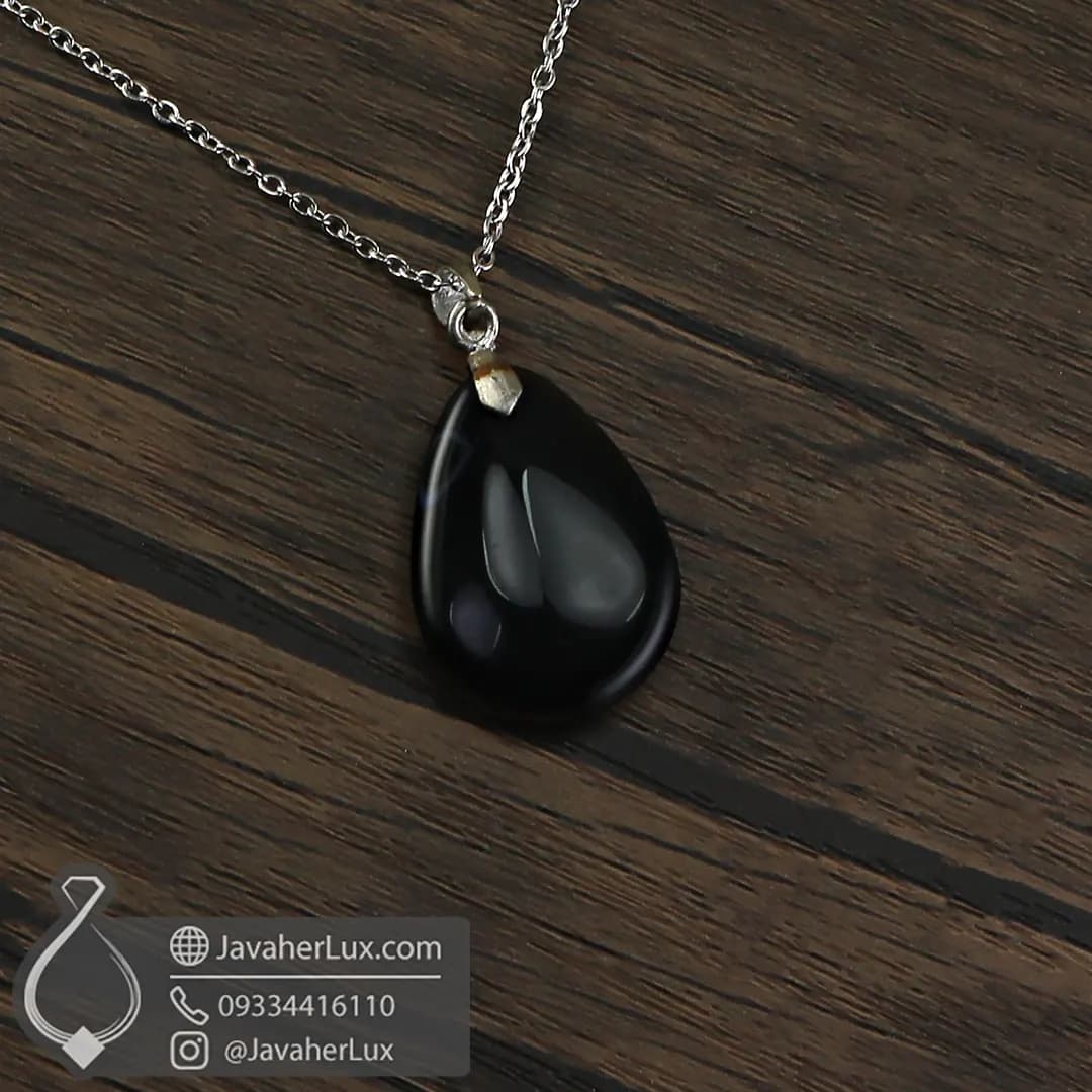 گردنبند سنگ عقیق سیاه تراش اشکی _ کد : 400995 — تصویر ۶