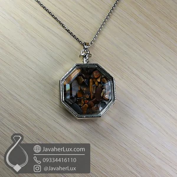 گردنبند سنگ چشم ببر سنگ طبیعی هشت ضلعی _ کد : 400978