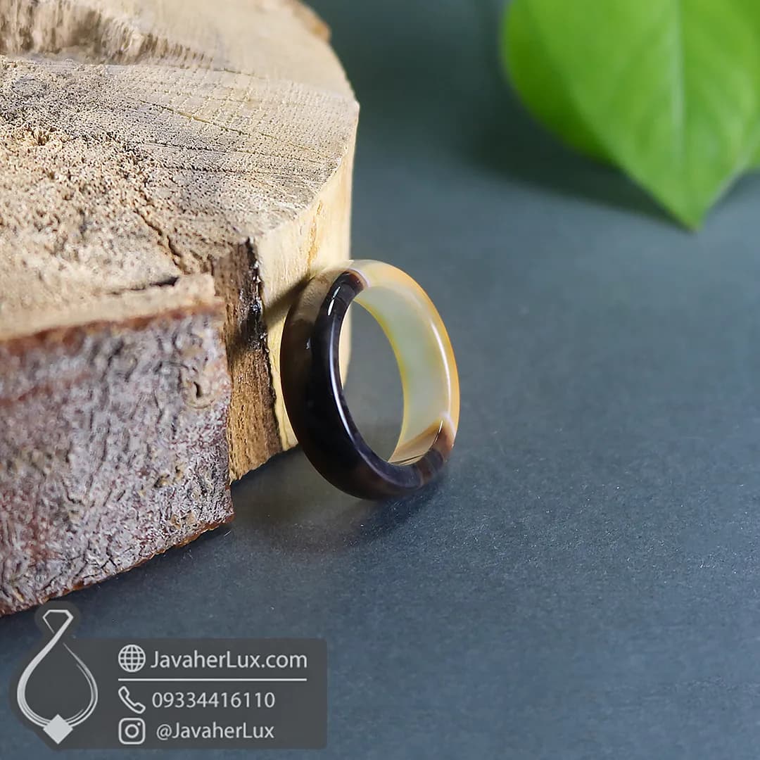 حلقه سنگی عقیق اصل و طبیعی دو رنگ کرم قهوهای _ کد 400976 — تصویر ۱۰