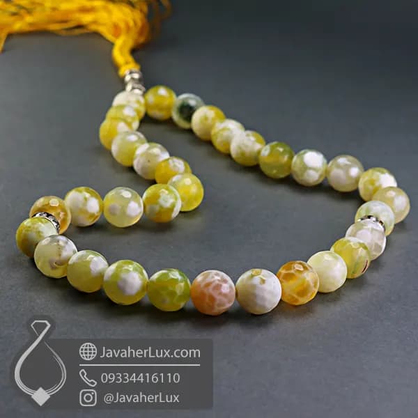 تسبیح عقیق زرد برفی 33 دانه تراش دار _ کد : 500087 — تصویر ۳