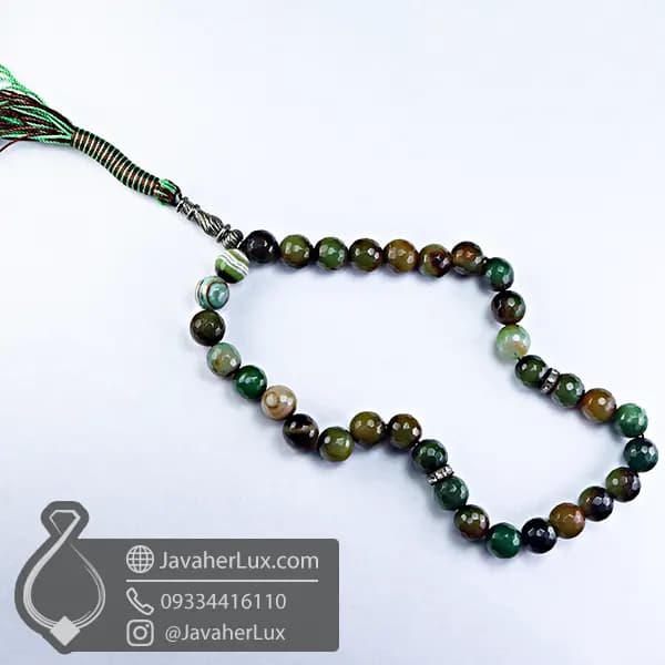 تسبیح عقیق خزه طبیعی 33 دانه تراش دار مدل ویلو _ کد 500085 — تصویر ۵