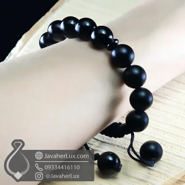 دستبند مهره سنگی عقیق سیاه بافت کشویی _ کد : 400937 — تصویر ۴