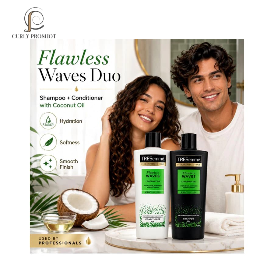 شامپو لیبل سبز موهای فر ترزمه TRESemme Flawless Waves Coconut Oil Shampoo 400ml — تصویر ۵