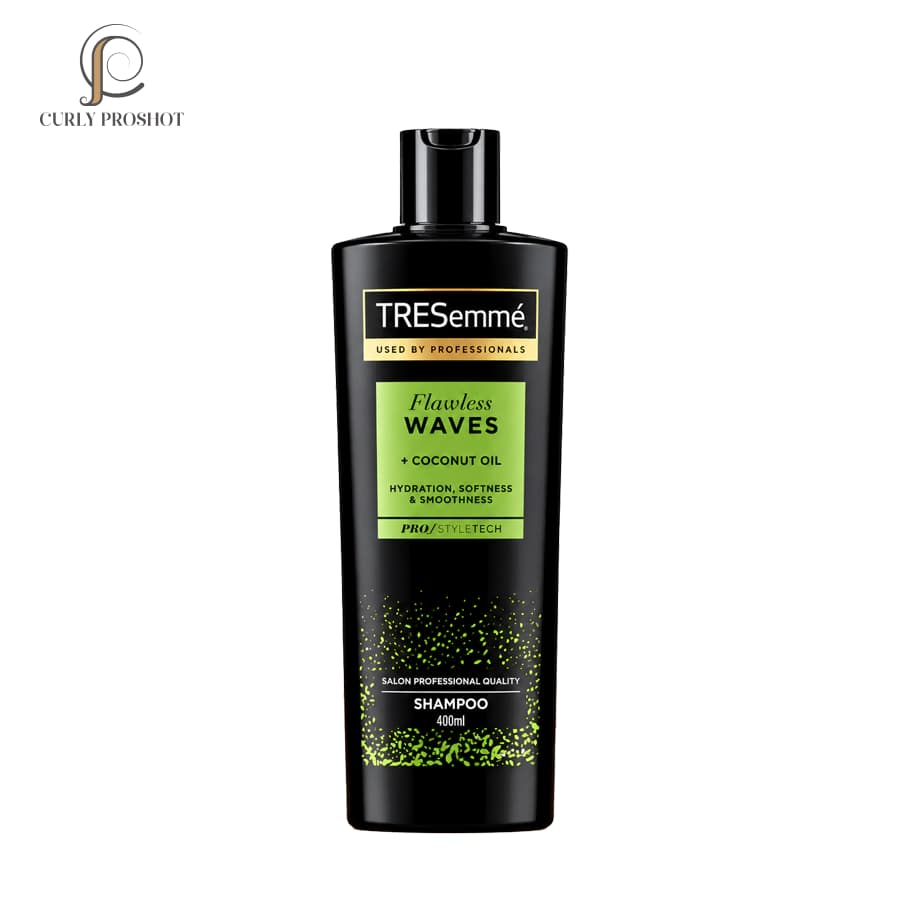 شامپو لیبل سبز موهای فر ترزمه TRESemme Flawless Waves Coconut Oil Shampoo 400ml — تصویر ۴