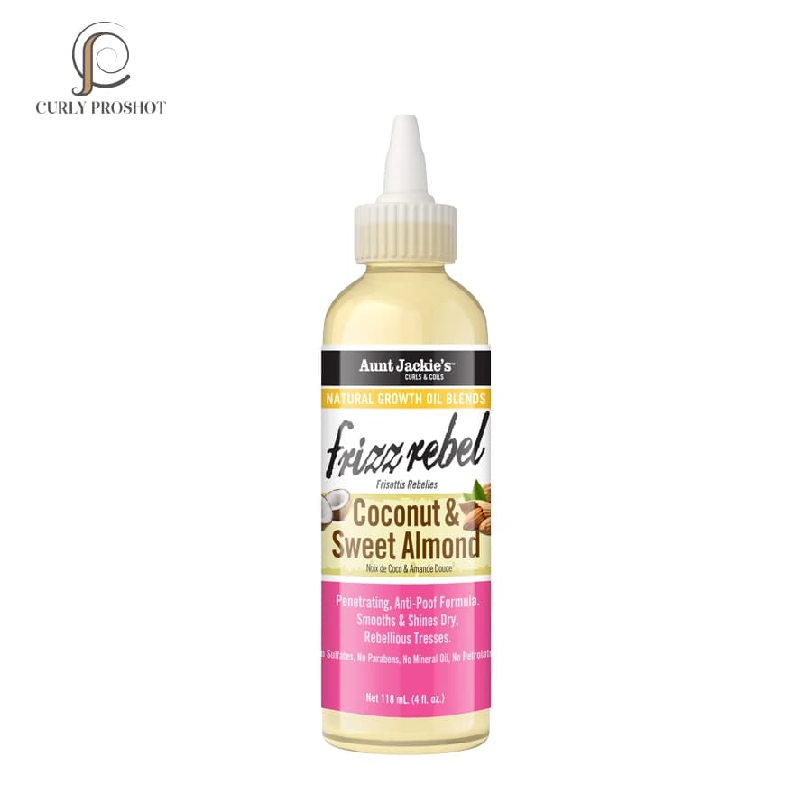 روغن کنترل قوی وز و لطیف کننده موهای فر بادام و نارگیل آنت جکیز Aunt Jackies Curls & Coils Frizz Rebel Coconut & Sweet Almond Natural Growth Oil Blend 118ml