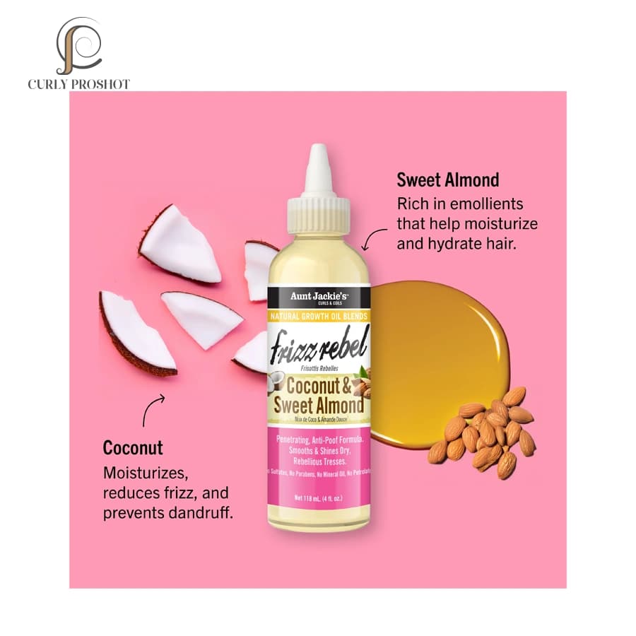 روغن کنترل قوی وز و لطیف کننده موهای فر بادام و نارگیل آنت جکیز Aunt Jackies Curls & Coils Frizz Rebel Coconut & Sweet Almond Natural Growth Oil Blend 118ml — تصویر ۲