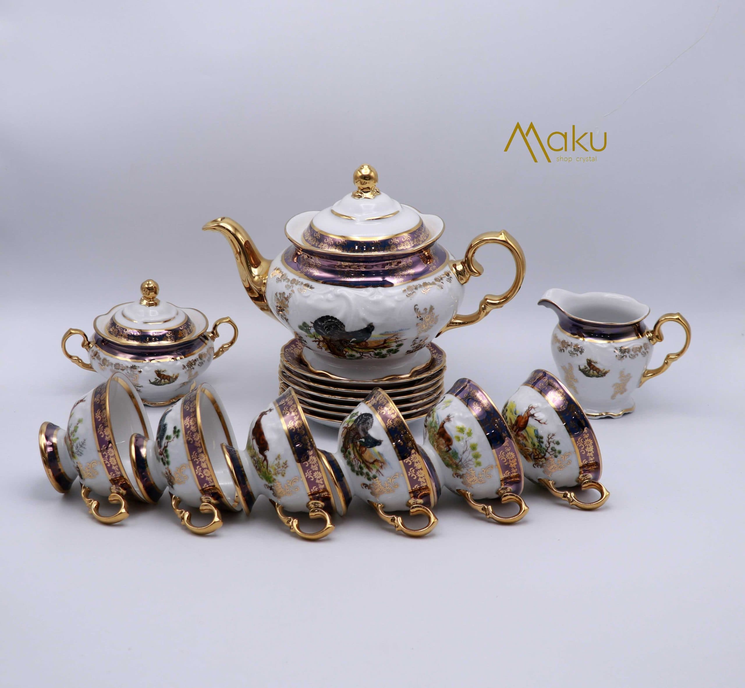 سرویس چایخوری 17 پارچه طرح جنگل سرمه ای پورسلن