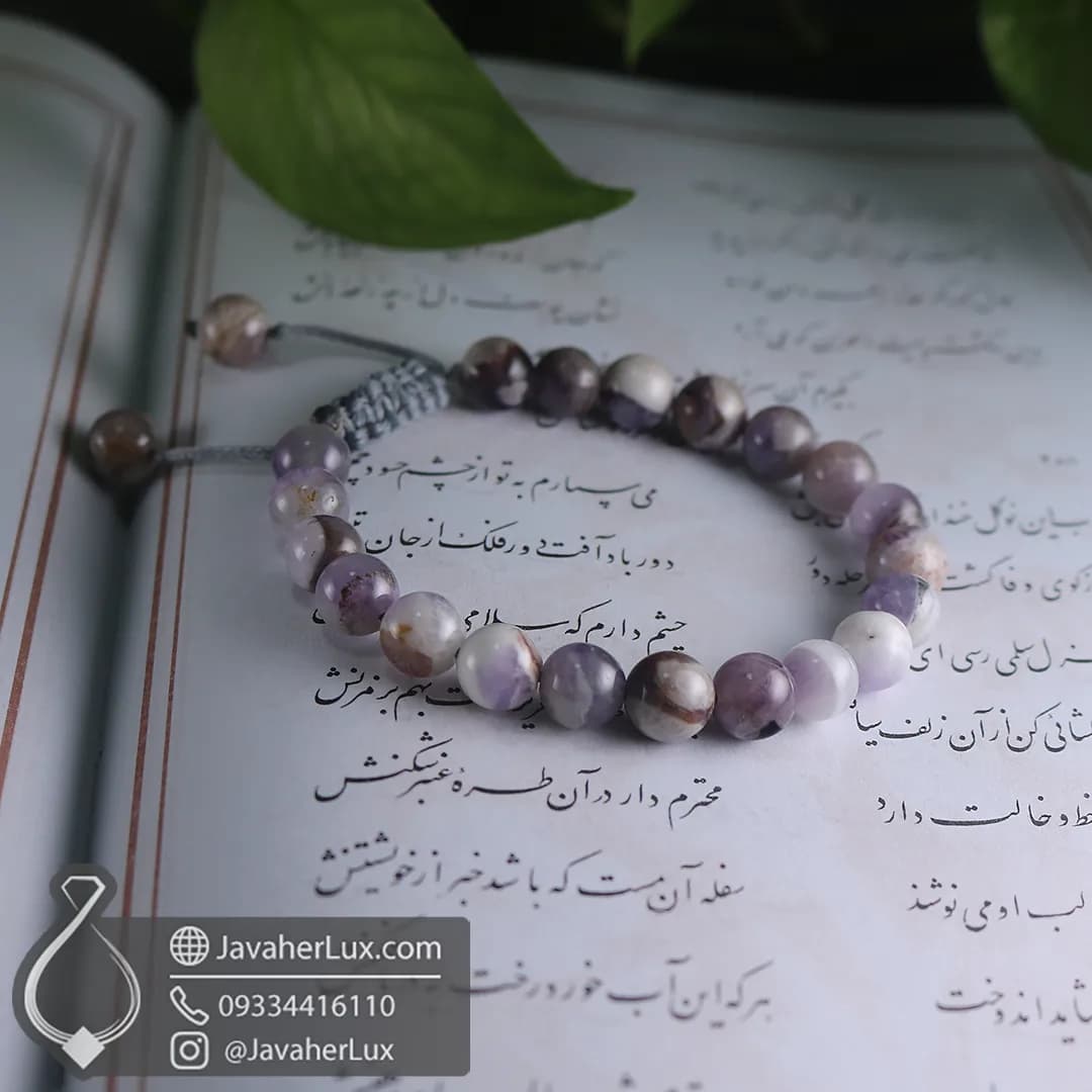 دستبند سنگی آمیتیست طبیعی مدل بافت گره کشویی _ کد 400794 — تصویر ۴