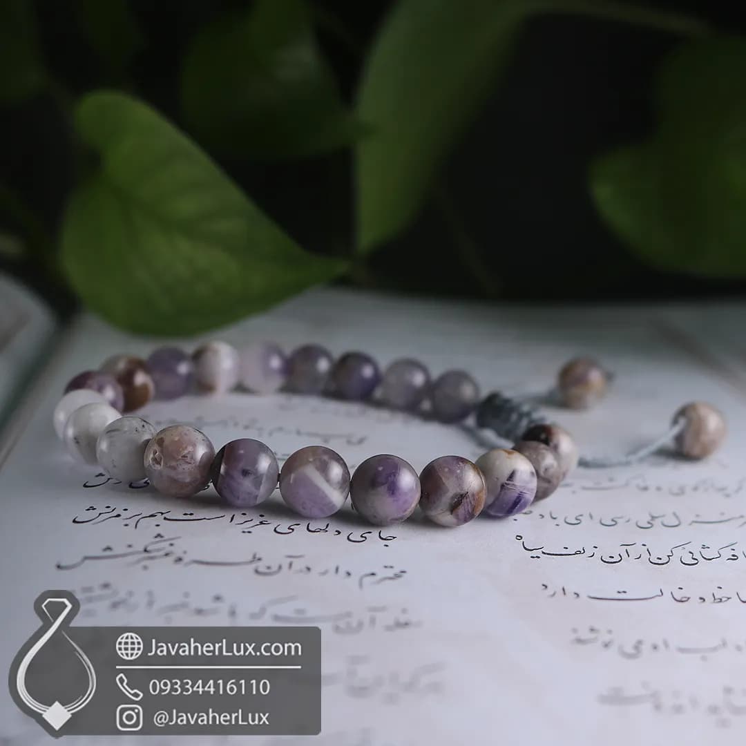 دستبند سنگی آمیتیست طبیعی مدل بافت گره کشویی _ کد 400794 — تصویر ۲