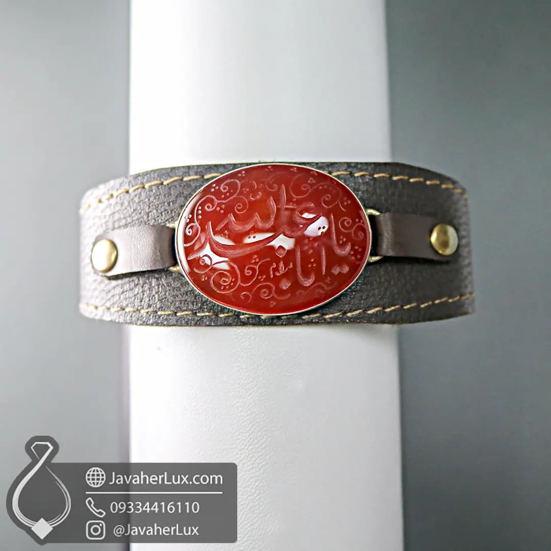 دستبند چرم عقیق قرمز حکاکی یا ابا عبد الله _ کد : 400777 — تصویر ۹