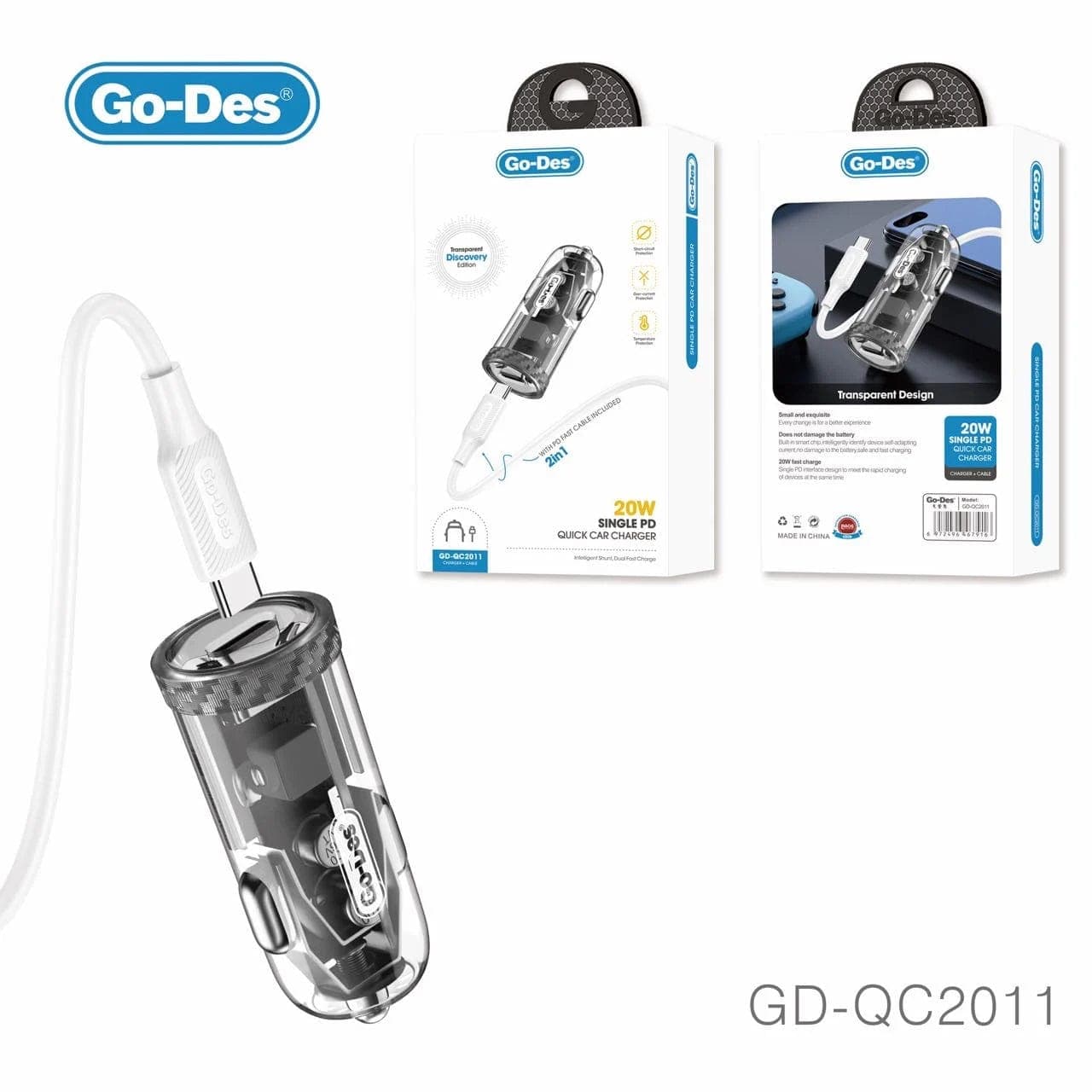 شارژر فندکی فست شارژ 20 وات Go-Des مدل GD-QC2011 همراه با کابل دو سر تایپ سی